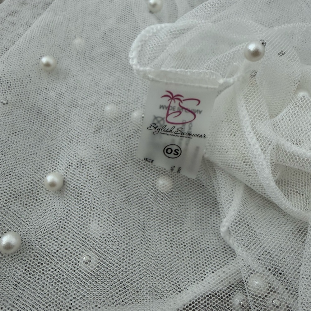 White Mesh swim Cover-Up with Pearls
